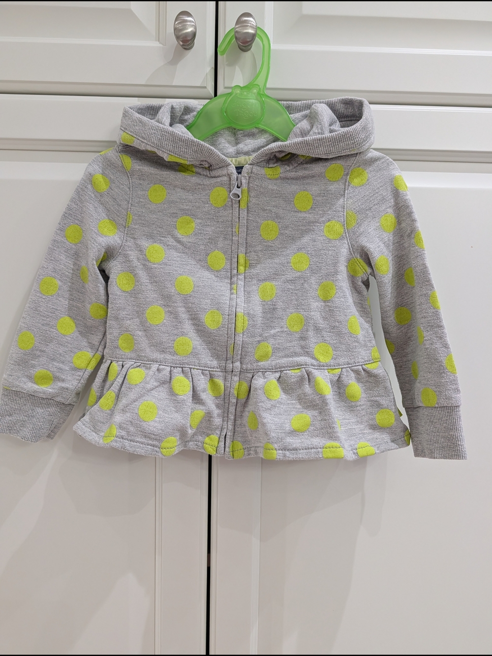 4/$20 babyGap Zip-Up Hoodie – 18–24M – Grey & Lime Green Polka Dots